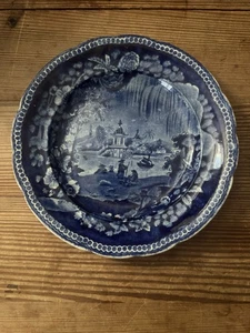 "Plato de transferencia azul oscuro Staffordshire 1825 Pagoda oriental Enoch Sons 9 1/4""" - Imagen 1 de 6
