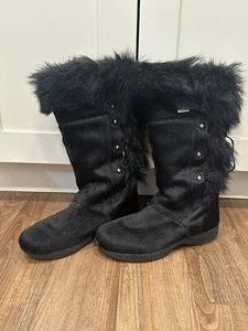Women's Vintage Tecnica Boots Black Knee High Goat Fur Trim - Rare Size US 8 - Picture 1 of 6