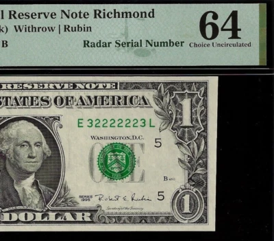 1995 $1 Federal Reserve Note PMG 64 fancy super radar serial number 32222223 - Image 1 of 3