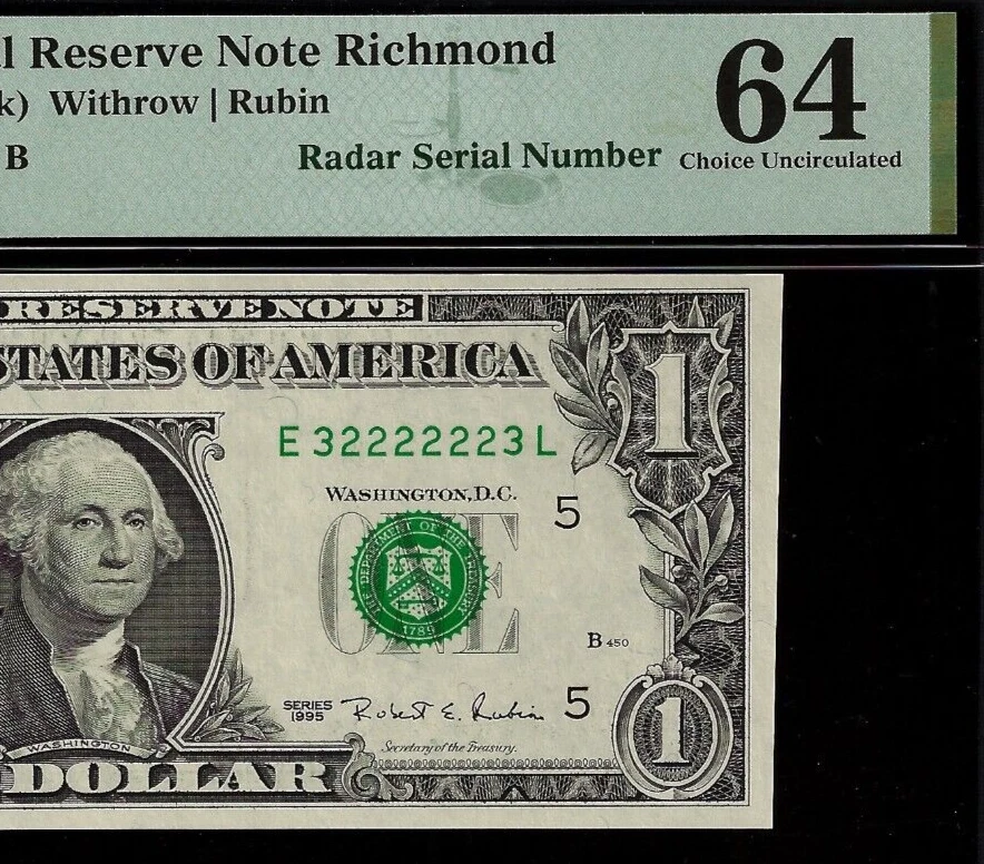1995 $1 Federal Reserve Note PMG 64 fancy super radar serial number 32222223 - Image 1 of 3