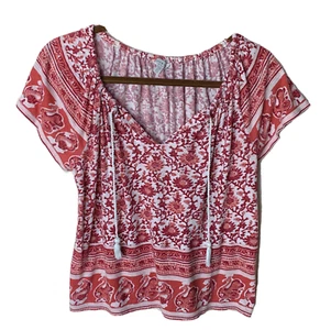 LUCKY BRAND Women's Red Paisley Floral Short Sleeve Linen Blend Top Casual I S - Picture 1 of 12