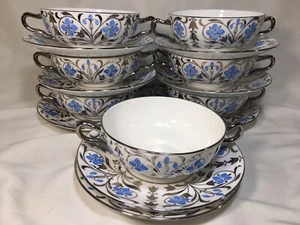 (7) Wedgwood WH2638 Cream Soup & Liners w/Silver Twig Handles & Blue Flowers - Picture 1 of 11