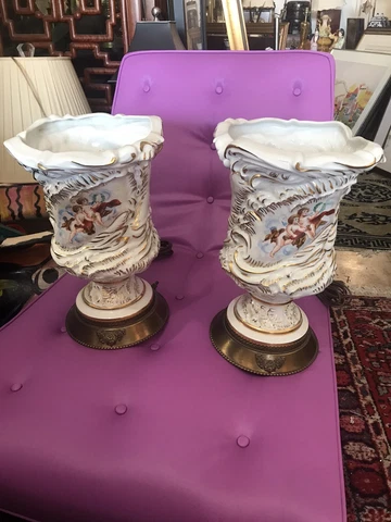 Pair Of Italian Antique Table Uplight Torchieres Cherubs, Signed. Bacchus Putti Cover