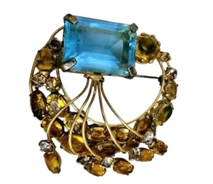 Seltene signierte Fred A Block tolle Drahtbrosche mit riesigem facettiertem Glasstein - Bild 1 von 7