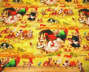 Quilt Fabric By Yard SALE Farm Animal Hen Cow Puppy Kitty Barn Premium Cotton #C - Picture 1 of 2