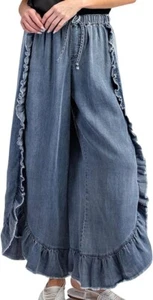 Women Denim Palazzo Pants Jeans Flare Elastic Waist Wide Leg Pants Raw Frayed - Picture 1 of 13