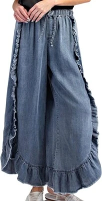 Women Denim Palazzo Pants Jeans Flare Elastic Waist Wide Leg Pants Raw Frayed - Image 1 of 4