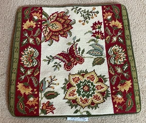 NEW Wool Needlepoint Botanical Pillow Cover Butterfly Maroon Flower Garden 14" - Picture 1 of 3