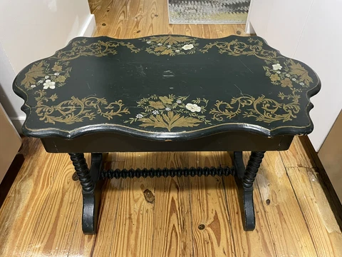 Antique Bobbin Turned Leg Rectangle Parlor Table- Hand Painted Cover