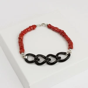 BRACCIALE IN ARGENTO 925 CON CORALLO ROSSO E CATENA DI ONICE AGRP 0131 - Foto 1 di 2
