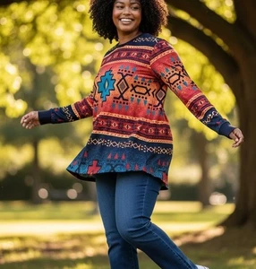 LULAROE DAMEN XL TUNIKA OBERTEIL SHIRT LANGARM SOUTHWEST AZTEKEN MEHRFARBIG - Bild 1 von 10