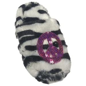 Girls Plush Zebra Print Slippers Sequin Peace Sign House Shoes 12-13 - Picture 1 of 3