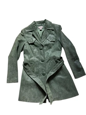 Kenar Women’s 100% Suede Leather Coat Size 8 Green Belted Long Jacket - Image 1 of 4