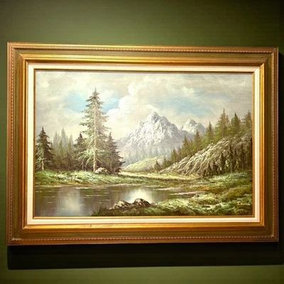 Pintura al óleo vintage firmada por S Sharla escena de montaña del lago alpino enmarcada 44x32 Foto 1 de 4