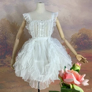 Lace Women Lolita Mesh Apron Dress Sarong Japanese Ruffles Strappy Bow - Picture 1 of 11