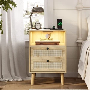 Rattan Nightstand,LED Night Stand,Wood End Table,Boho Bedside Table & 2 Drawers - Picture 1 of 8