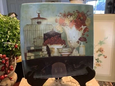 Декоративная тарелка кипарис ~8,5 дюйма кв. ~ клетка для птиц/блюда/красные цветы ~ французская страна ~ - Изображение 1 из 4