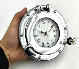 Handmade 6" Nautical Silver Porthole Wall Clock Aluminum Glass Marine Decor - Picture 1 of 7