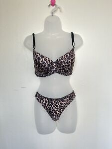 New Bikini Leopard Print Cheetah Bra Panty Thong Set LARGE Ruched