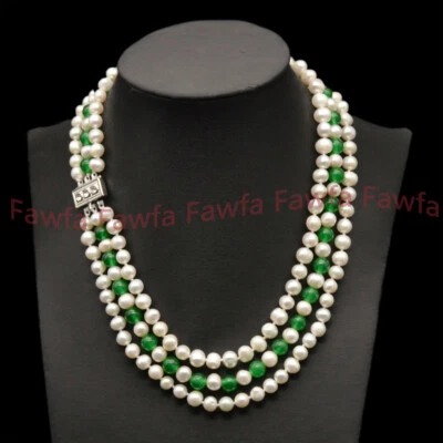Collar con cuentas gemas redondas de jade verde de 8 mm de perlas blancas de 7-8 mm de 3 filas de 17-19"" Foto 1 de 4