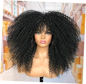 18Inch Long Curly Wig With Bangs for Women Afro Bomb Kinky Curly 18 Inch Black - Picture 1 of 7