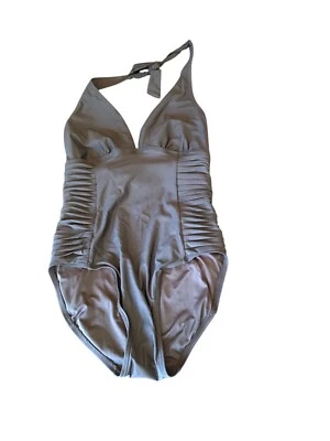 Traje de baño Calvin Klein para mujer negro acanalado halter de una pieza talla 8 nailon/spandex Foto 1 de 4