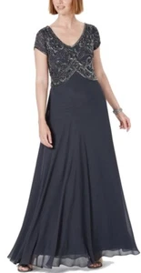 J Kara Women's Cap Sleeve Geo Beaded Gown Size 8 Gray - Picture 1 of 7