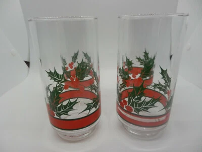 Vintage Libbey Christmas Holly and Berries 16 ounce Flat Tumblers Set of 4 - Image 1 of 4