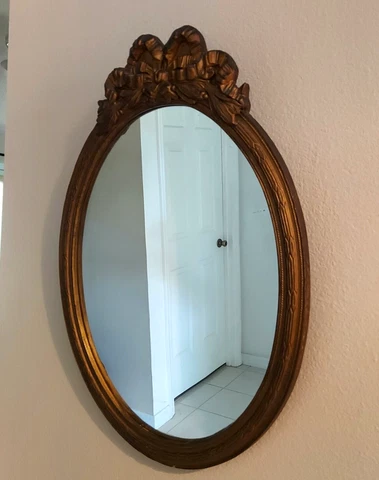 Vintage Oval Wall Mirror Wood Frame Bow Ribbon Decor Cover