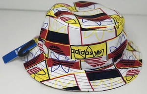 Adidas Unisex Originals All Over Logo Print Bucket Hat NWT Yellow Blue White - Picture 1 of 5