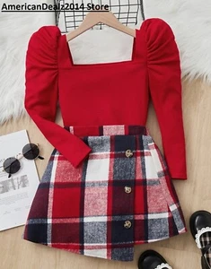 2 PC SET - Girls Gigot Sleeve Top & Plaid Print Asymmetrical Hem Skirt - Picture 1 of 7