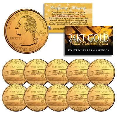 2001 North Carolina State Quarters US Mint BU Coins 24K GOLD PLATED Quantity 10 - Image 1 of 3