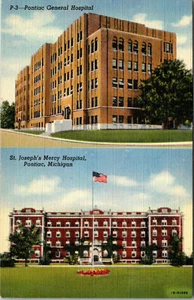 PONTIAC MICHIGAN - PONTIAC GENERAL & ST. JOSEPHS MERCY HOSPITAL - LINEN POSTCARD - Picture 1 of 2