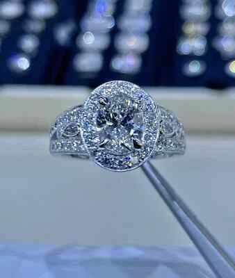 2Ct Oval Cut Lab Created Diamond Halo Engagement Ring Solid 14K White Gold Over - Image 1 of 4