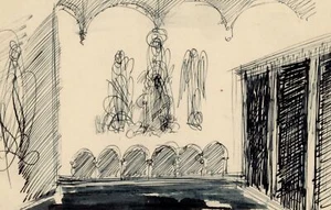 Willi Schmid Kirche Fresko Innenansicht Entwurf Kunst Tegernsee Tusche Zeichnung - Picture 1 of 3