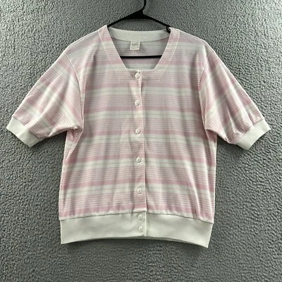 Suéter Jantzen Mujer Rosa Blanco Pequeño Vintage Cárdigan Manga Corta Rayas Foto 1 de 4