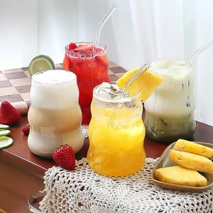 4 Pcs Ribbed Glass Cups Vintage Drinking Glassware Straw 18 Oz Bubble Iced Juice - Picture 1 of 1