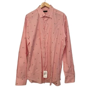 Saks Fifth Avenue Gingham Parrot Pink Button Up Dress Shirt Mens Size XL 17.5” - Picture 1 of 7
