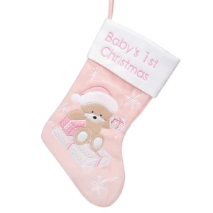 Baby's 1st Christmas Stocking with Embroidered Snowflake and Bear Design - Pink - Picture 1 of 3
