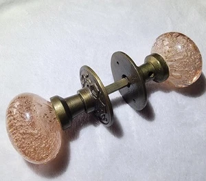 Antique Vintage Crystal Bubbled Pink Champaign Glass Bronze Door Knob Pull RARE - Picture 1 of 24