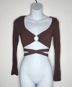 Prinzessin Polly Shirt Damen klein braun O-Ring Wickeloptik Krawatte Langarm bauchfreies Oberteil - Bild 1 von 5