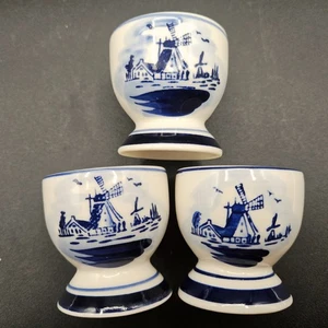 Juego de 3 tazas de huevo molinos de viento azul blanco con patas Elesva Delftware - Imagen 1 de 11