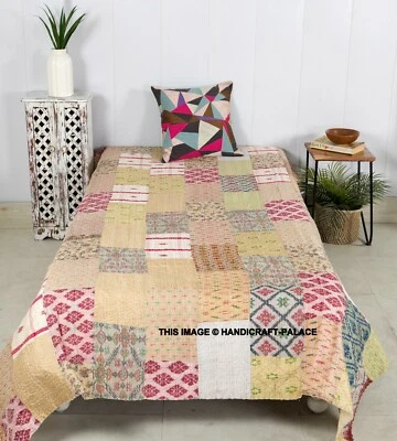 Vintage Patola Silk Sari Kantha Quilt Indian Patchwork Bedspread Throw Blanket - Image 1 of 3