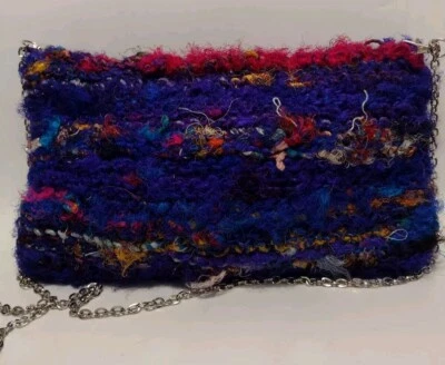 Knit Recycled Sari Silk Yarn Clutch Crossbody Bag With Zipper Colorful Nepal  - Image 1 of 4