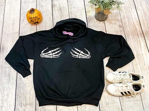 womens skull hands pumpkin halloween SweatshirT One Design and ANY SIZE Shirt - Picture 1 of 4