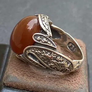 solid 925 Sterling Silver men ring natural yemen aqeeq RED agate عقيق سليماني - Picture 1 of 9