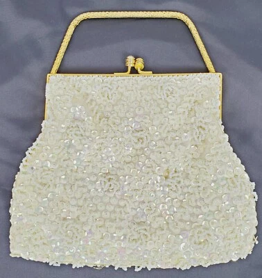VTG Handmade Italian Beaded Clutch Purse Gold Handle Hong Kong Cream Satin  - Image 1 of 4