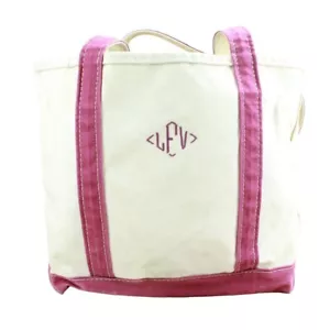 LL Bean Boat & Tote Cream Pink Trim Canvas Monogram Double Handles Tote Bag - Picture 1 of 10