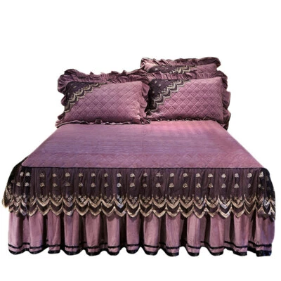 Velvet Quilted Bedspread Queen King Size Vintage Soft Lace Bed Skirt Dust Ruffle - Image 1 of 4