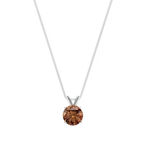 1.50 Ct Round Cut Brown Solid Real 14K White Gold Solitaire Pendant 18" Necklace - Picture 1 of 2